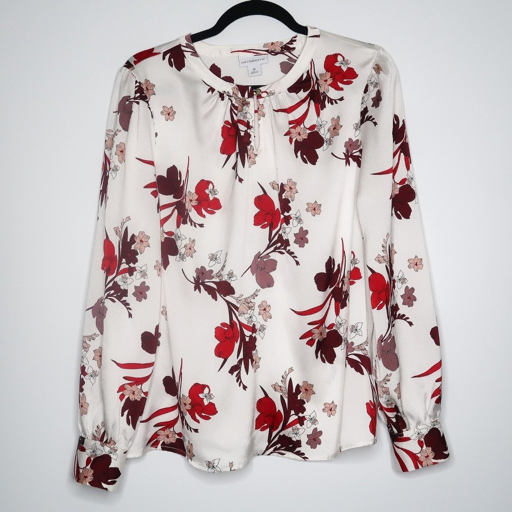 Liz Claiborne Womens Blouse Medium Red Maroon Floral Print Office Career Prairie